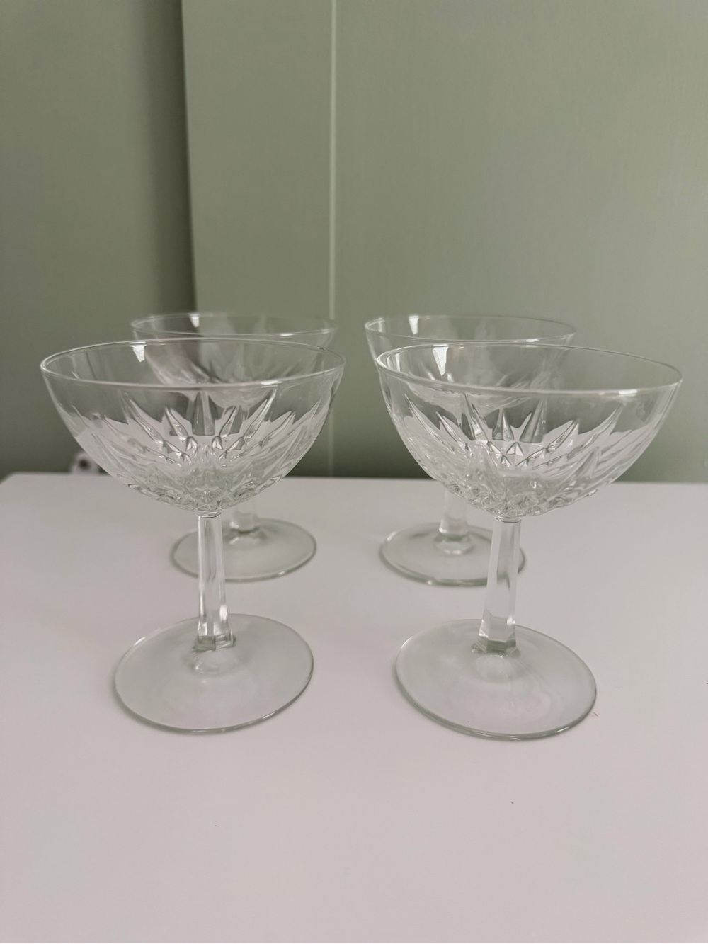 Cut Crystal Coupe Glasses, Set of 4, Starburst Cut Champagne Coupes, 5”